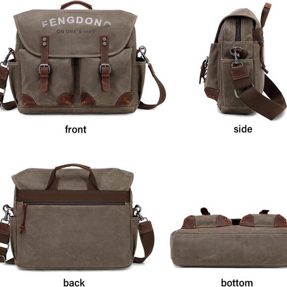 Mens Messenger Bag 15.6 Inch Vintage Waxed Canvas Genuine Leather Briefcase Leat - Picture 6 of 6